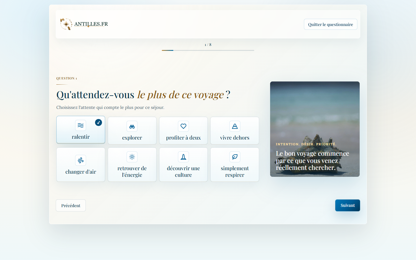 Question réelle avec une réponse sélectionnée et la progression visible